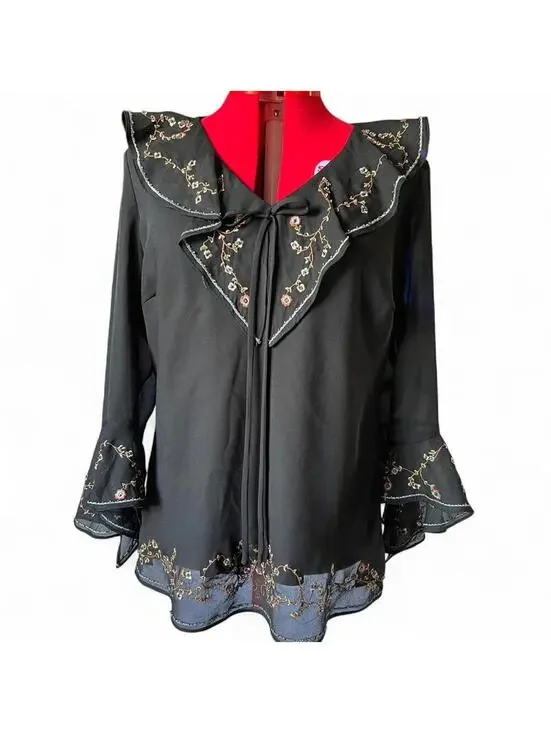 Dressbarn ruffled beaded embroidered black blouse - Picture 1 of 7